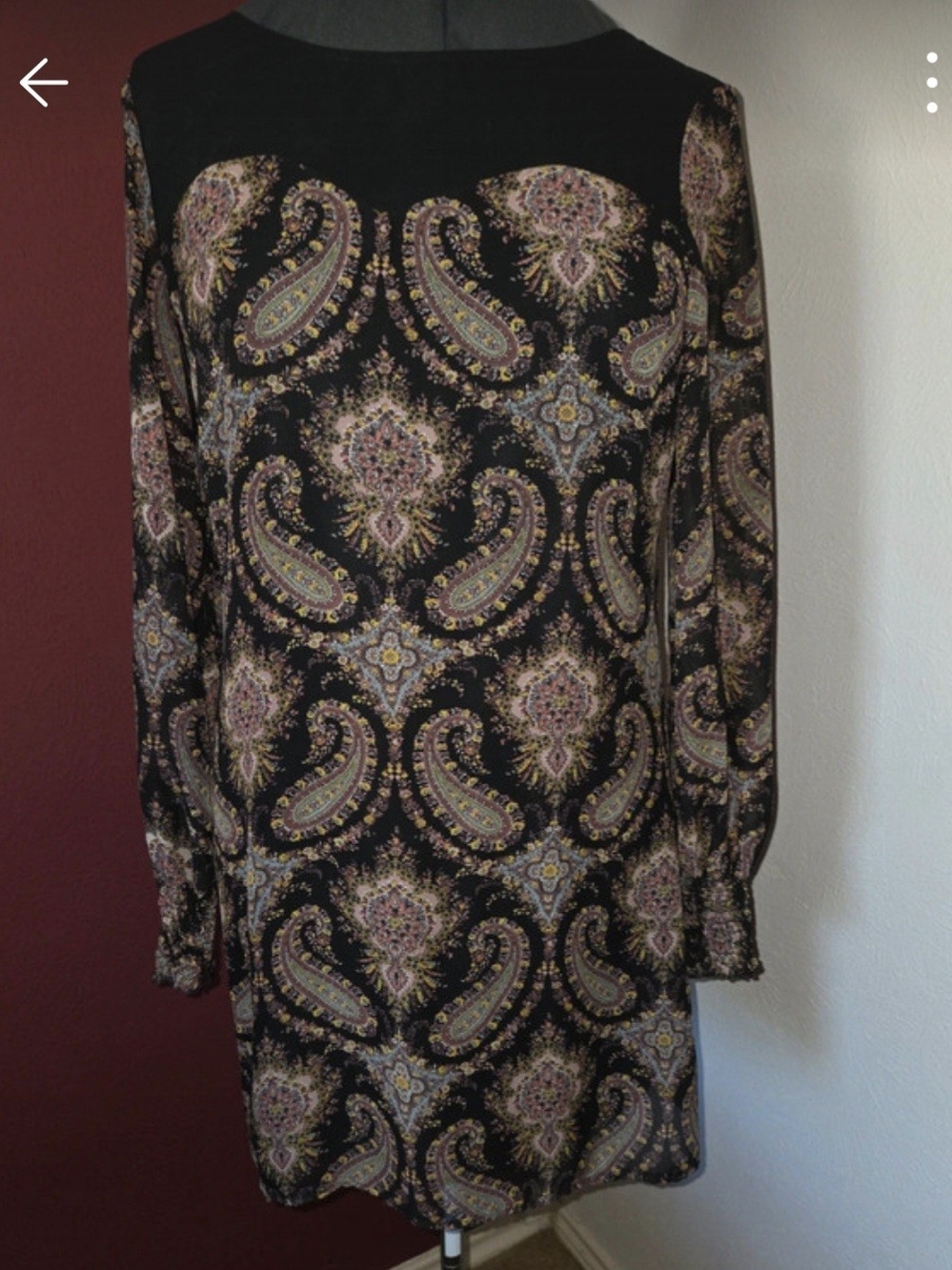 Xhilaration Black Paisley Long-Sleeve Shift Dress with Pink Accents